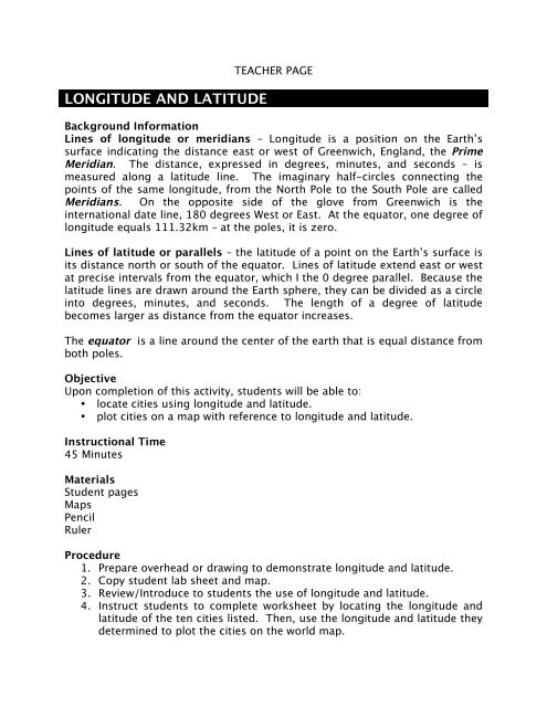 Longitude and Latitude Teacher Page - Challenger Learning Center