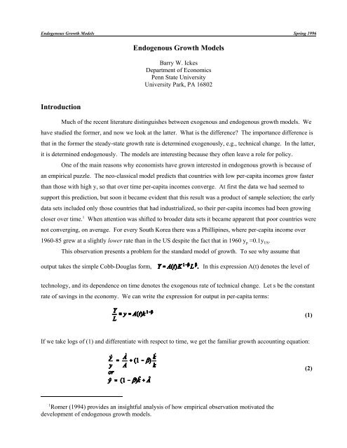 Endogenous Growth Models - Department of Economics - Penn ...
