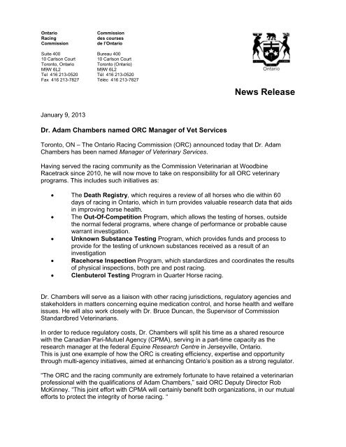 Dr. Adam Chambers named - Ontario Racing Commission