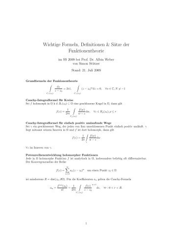 Wichtige Formeln, Definitionen & SÃ¤tze der Funktionentheorie