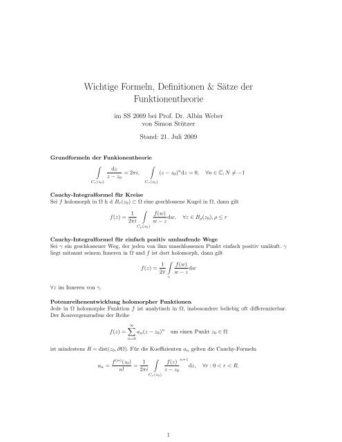 Wichtige Formeln, Definitionen & SÃ¤tze der Funktionentheorie
