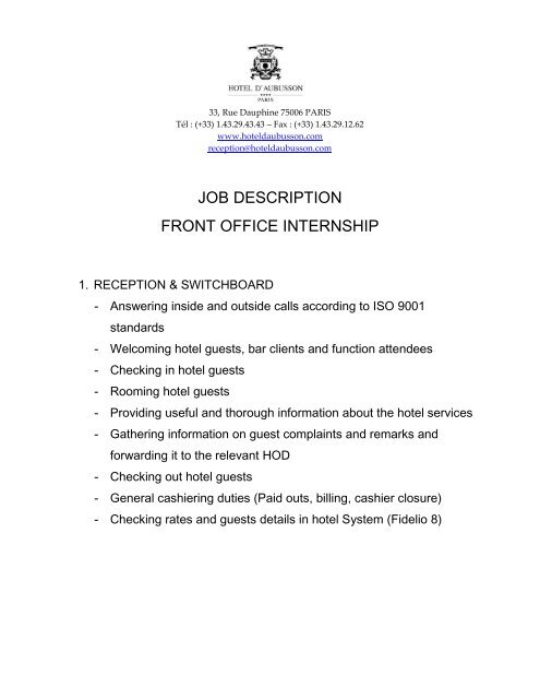 JOB DESCRIPTION FRONT OFFICE INTERNSHIP