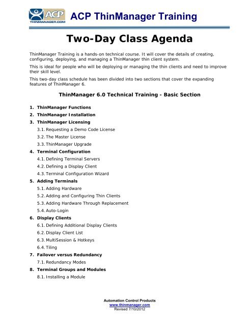ThinManager 2-day Training Agenda