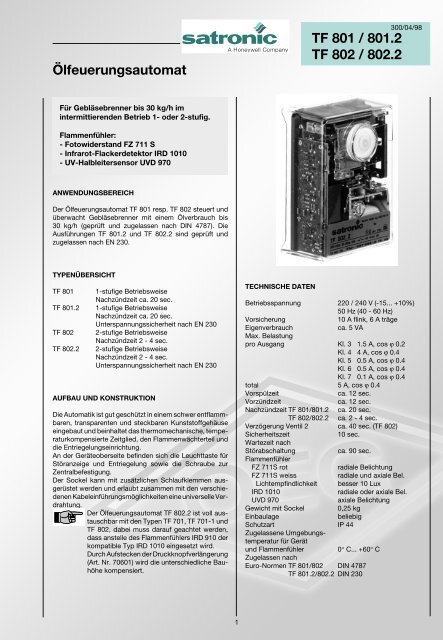 Ãlfeuerungsautomat TF 801 / 801.2 TF 802 / 802.2 - Seltron