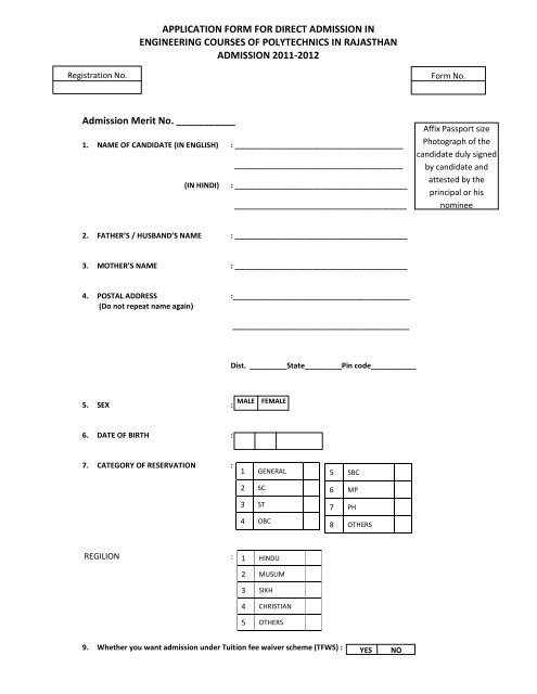 APPLICATION FORM FOR DIRECT ADMISSION IN ENGINEERING ...