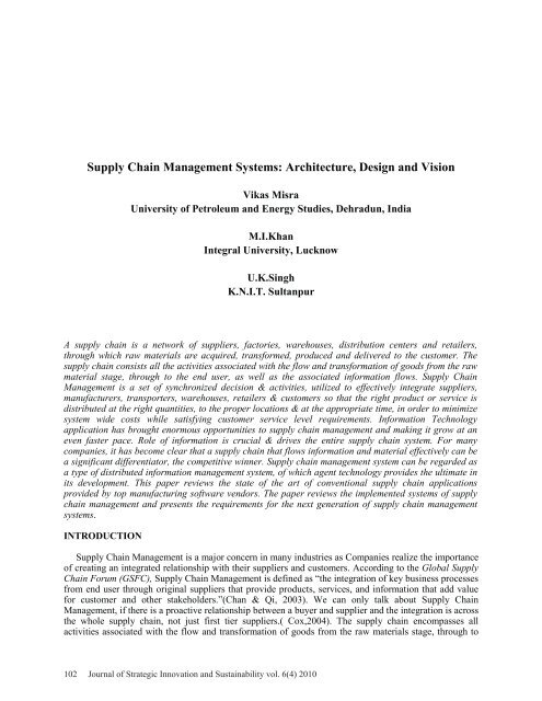 Supply Chain Management Systems: Architecture, Design and Vision