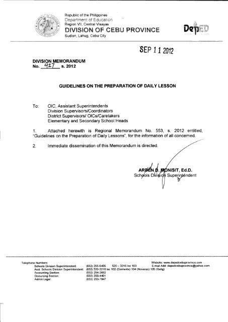 Memo No 427 S 2012 Deped Cebu Province