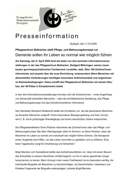 Presse Information Pflegezentrum Bethanien