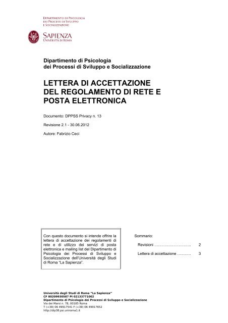 lettera di accettazione del regolamento di rete e posta elettronica