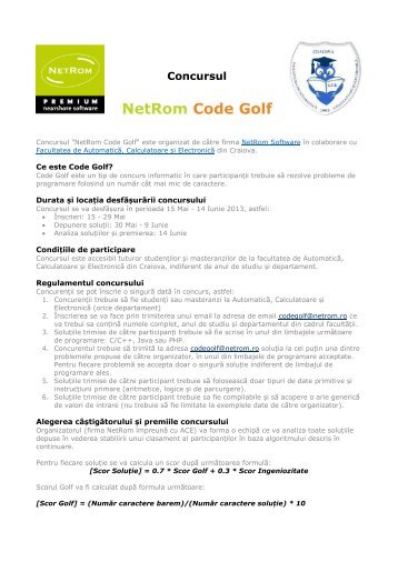 NetRom Code Golf - Facultatea de Automatică Calculatoare și ...