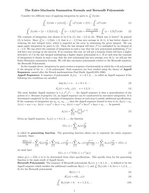 The Euler-Maclaurin Summation Formula and Bernoulli ... - SERC