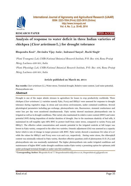 Analysis of response to water deficit in three Indian varieties of  chickpea (Cicer arietinum L.) for drought tolerance 