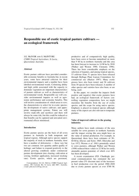 Responsible use of exotic tropical pasture cultivars â an ecological ...