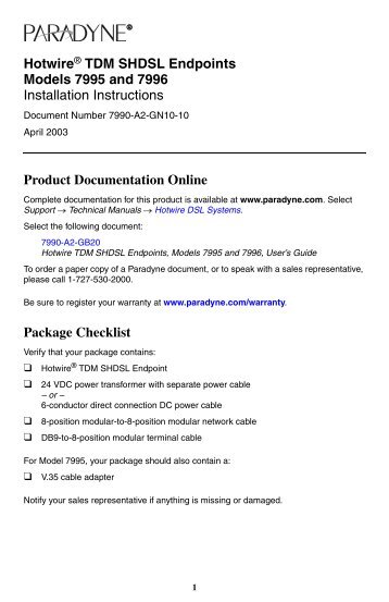 Hotwire TDM SHDSL Endpoints, Models 7995 and 7996, Installation ...