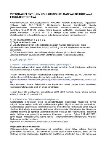 ETUKÃTEISTEHTÃVÃ - Humanistinen ammattikorkeakoulu