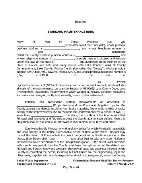 Standard Maintenance Bond (Sample) - Lake County