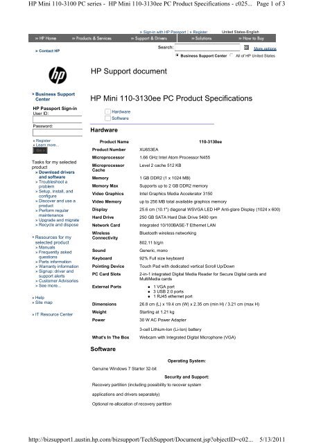 HP Support document HP Mini 110-3130ee PC Product ... - Microcity