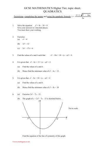 GCSE MATHEMATICS Higher Tier, topic sheet. QUADRATICS