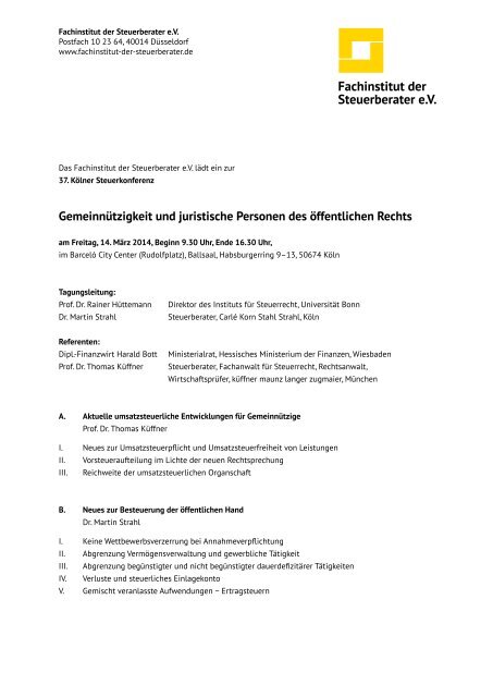 37. Kölner Steuerkonferenz, Fachinstitut der Steuerberater e.V. - kmlz