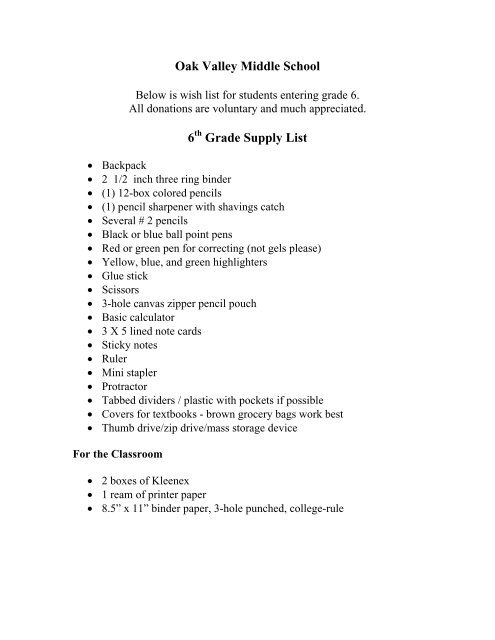 River Valley Middle School Supply List 2017-2022