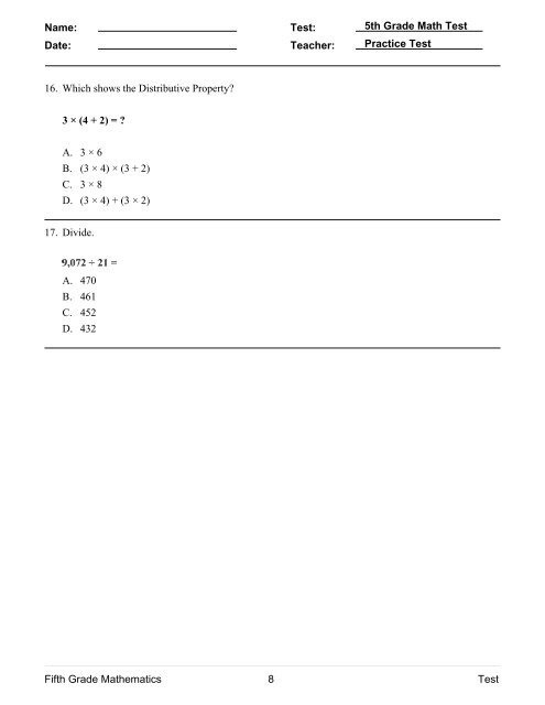 5th Grade Math Test
