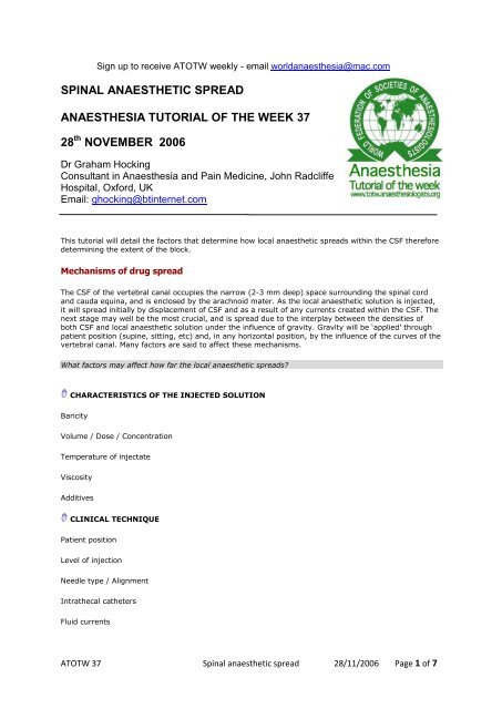 Spinal anaesthetic spread - Anaesthesia Tutorial of the Week