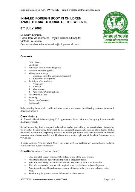 99 Inhaled foreign body in children - Anaesthesia Tutorial of the Week