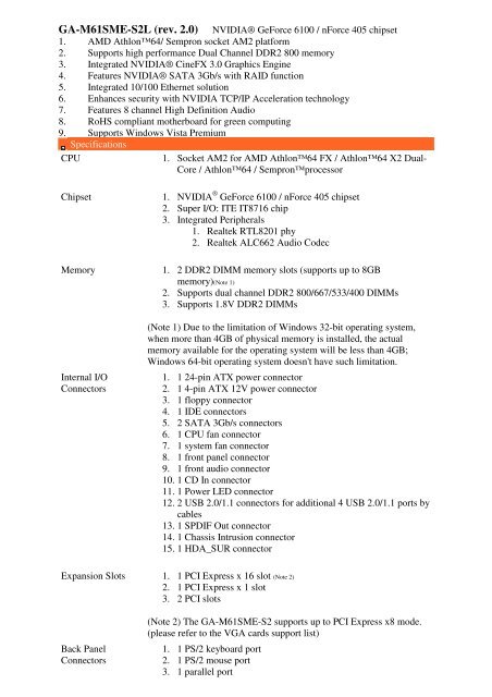 GA M61SME S2L rev. 2.0 NVIDIA Geforce 6100 nforce 405