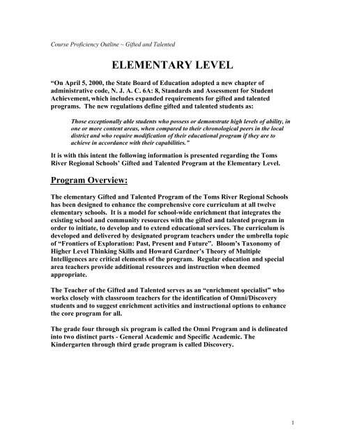 ELEMENTARY LEVEL - Toms River Regional Schools
