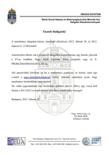 Tisztelt HallgatÃ³k! - OE BGK HÃK - ÃBUDAI EGYETEM BÃ¡nki DonÃ¡t ...