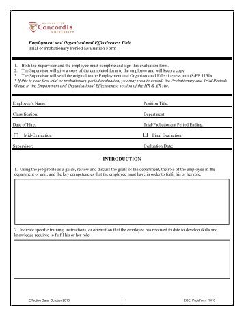 Month Probationary Evaluation Form Staff  University Of North