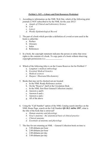 PreMed 1, NIT -- Library and Print Resources Worksheet 1 ...