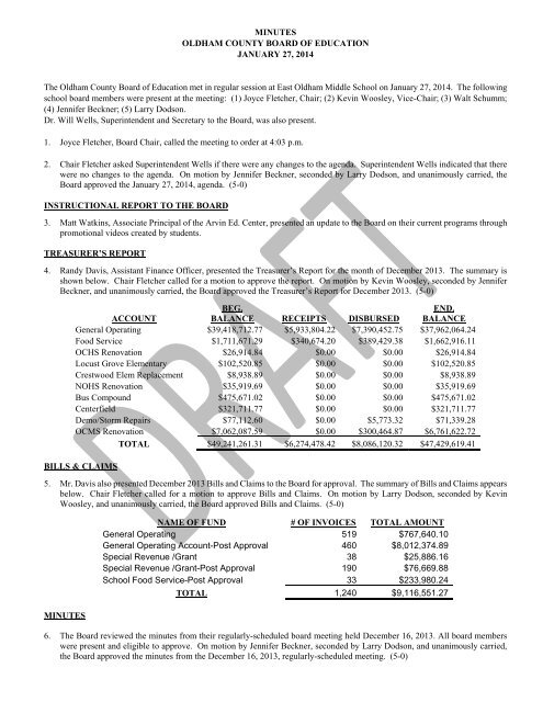 MINUTES OLDHAM COUNTY BOARD OF EDUCATION July 22, 2013