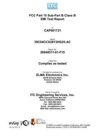 FCC Part 15 Sub-Part B Class B EMI Test Report CAP001721 - Elma