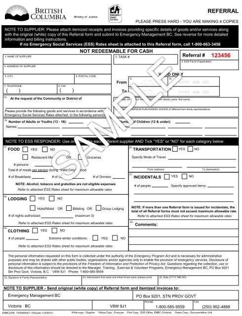 Sample ESS Referral Form (EMBC2395) - Emergency Social Services