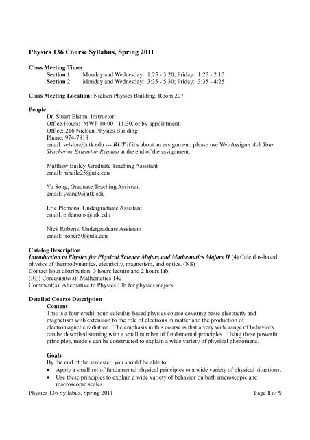 Utk Final Exam Schedule Spring 2022 Physics 136 Course Syllabus, Spring 2011 - Department Of Physics ...