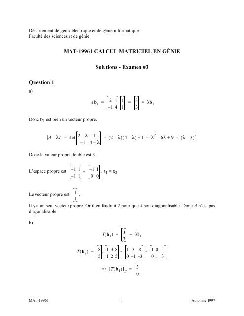 MAT-19961 CALCUL MATRICIEL EN GÃ‰NIE Solutions - Examen #3 ...