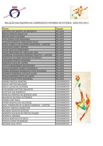 RelaÃ§Ã£o das equipes do Campeonato Interno Adultos