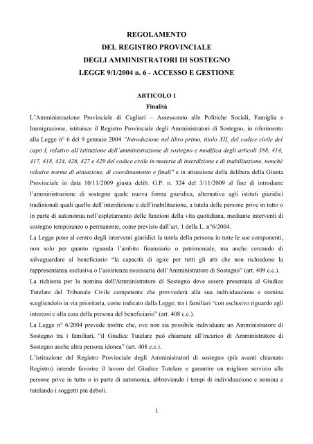 Regolamento Amm. Sostegno - Sociale - Provincia di Cagliari