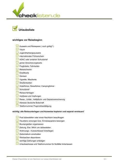 Urlaubsliste - Checkliste