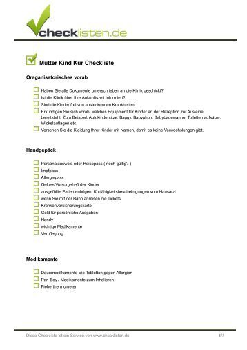 Mutter Kind Kur Checkliste