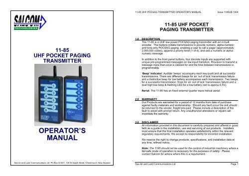 11-85 uhf pocket paging transmitter operator's manual - Salcom