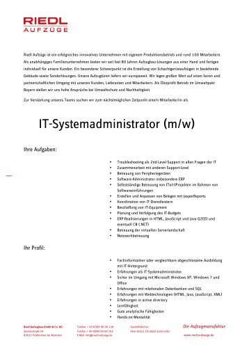 Stellenanzeige IT-Systemadministrator - Riedl Aufzüge