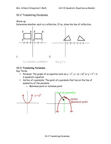 10-2 Translating Parabolas