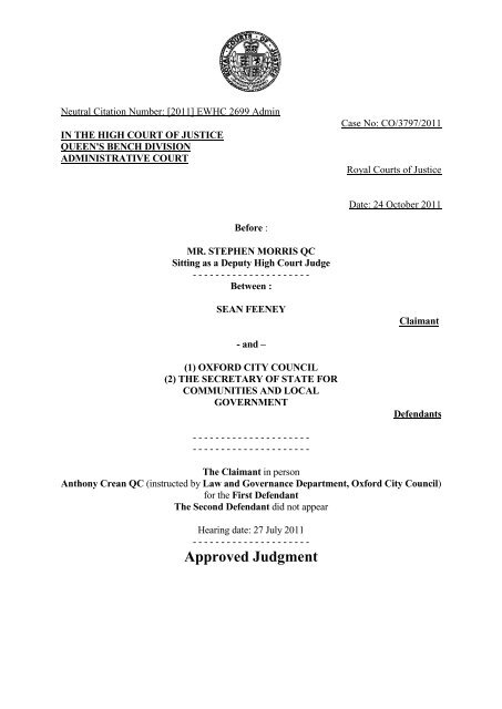 Feeney v OCC 2011 EWHC 2699 (Admin) - Oxford City Council