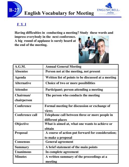 Meeting Vocabulary English Vocabulary for Meeting