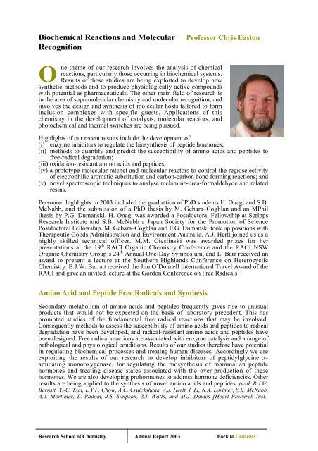 Biochemical Reactions and Molecular Professor Chris Easton ...