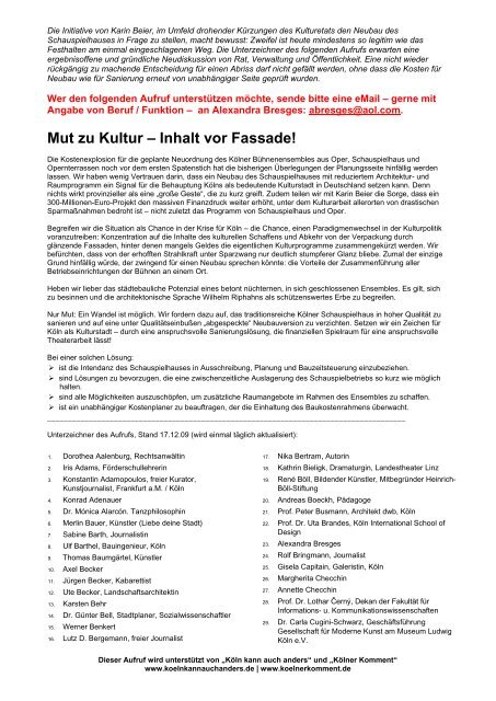 Die Initiative von Karin Beier, im Umfeld drohender KÃ¼rzungen des ...