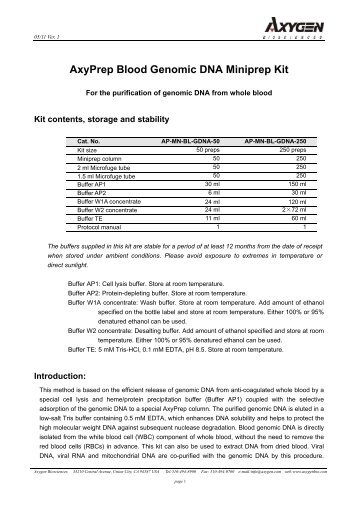 AxyPrep Blood Genomic DNA Miniprep Kit