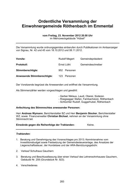 Protokoll der Gemeindeversammlung vom 23. November 2012